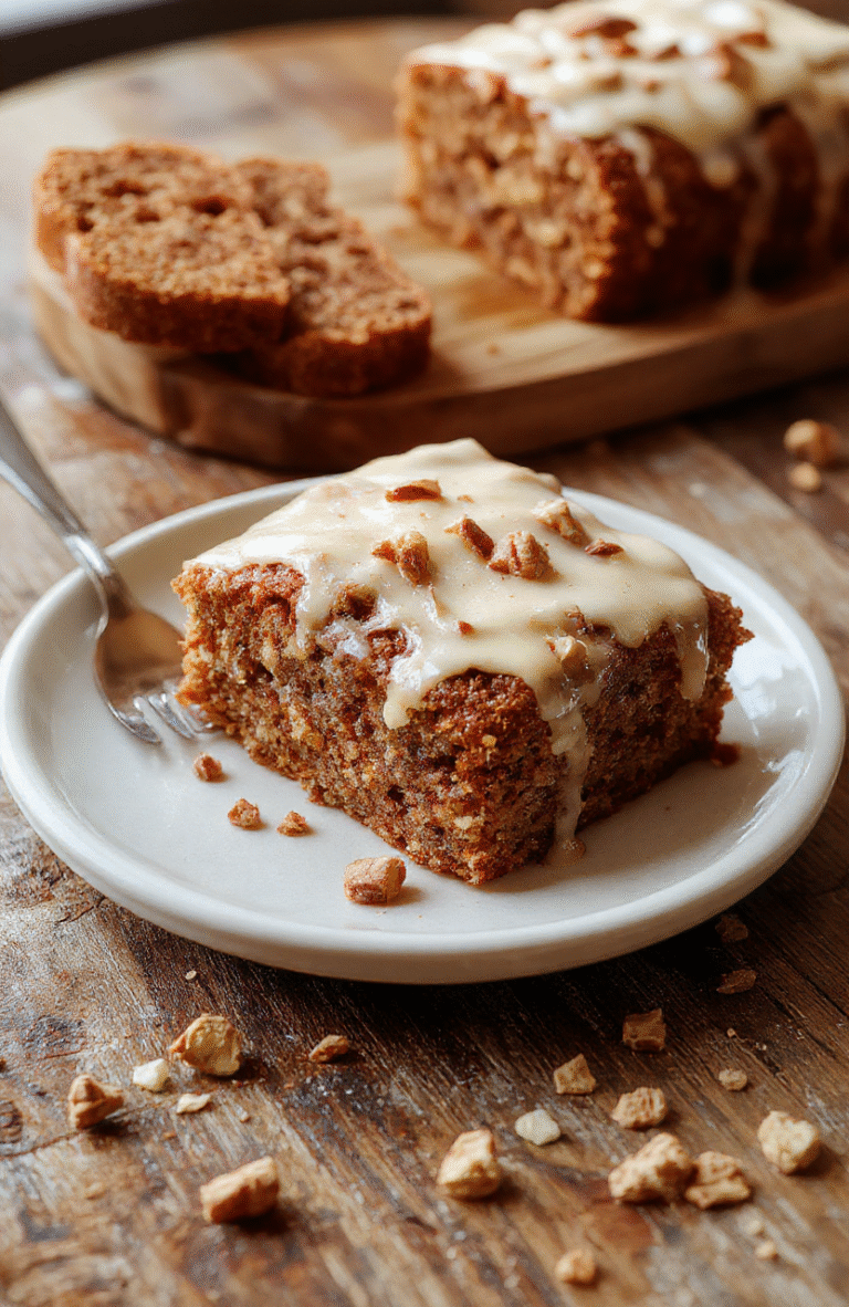 A golden-brown slice of carrot cake banana bread featuring visible chunks of shredded carrots and ripe banana pieces on a rustic wooden plate, garnished with a sprig of fresh mint. The bread has a slightly cracked top, showcasing its moist interior with flecks of carrots and bananas. The background includes a soft-focus setting with a cozy kitchen vibe, natural lighting highlighting the textures and warm tones.