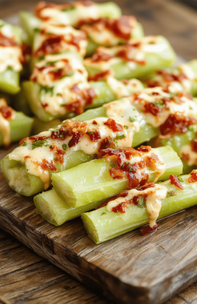 Colorful celery sticks filled with creamy cheddar cheese, crispy bacon bits, and ranch dressing, arranged neatly on a white plate, with a textured wooden background, vibrant greens contrasted with yellow cheese and reddish bacon, styled simply for a fresh, appetizing look.