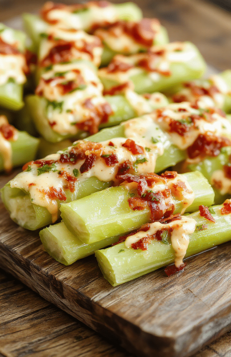 Colorful celery sticks filled with creamy cheddar cheese, crispy bacon bits, and ranch dressing, arranged neatly on a white plate, with a textured wooden background, vibrant greens contrasted with yellow cheese and reddish bacon, styled simply for a fresh, appetizing look.