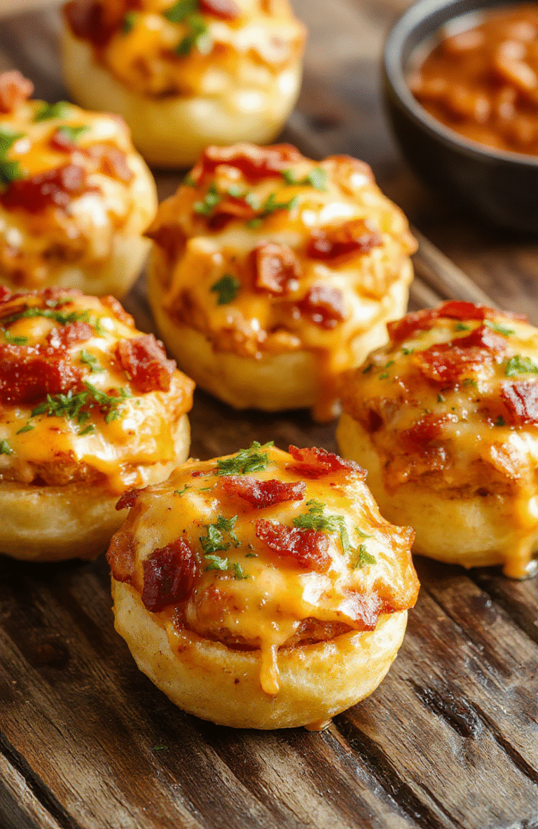 A close-up of golden brown, crispy tater tot cups filled with melted cheese and topped with crumbled bacon, served on a white plate with a rustic wooden background, vibrant colors, and a glossy finish highlighting the cheesy, crispy textures.