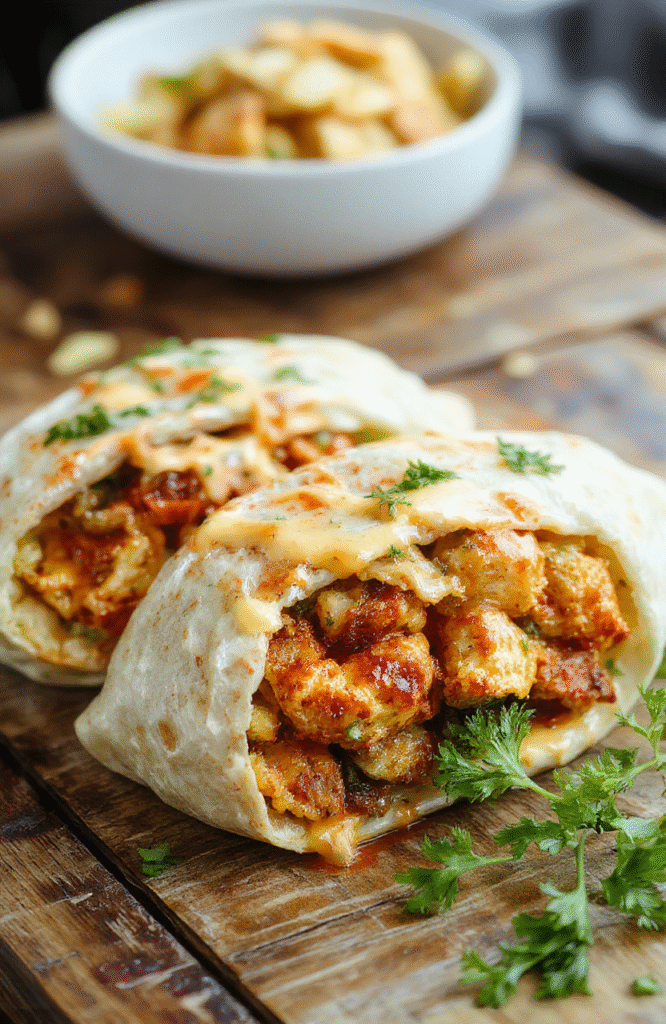 A vibrant plate of cheesy garlic chicken wraps with golden-brown chicken, melted cheese oozing out, garnished with chopped parsley, on a rustic wooden table with fresh garlic cloves and herbs in the background.