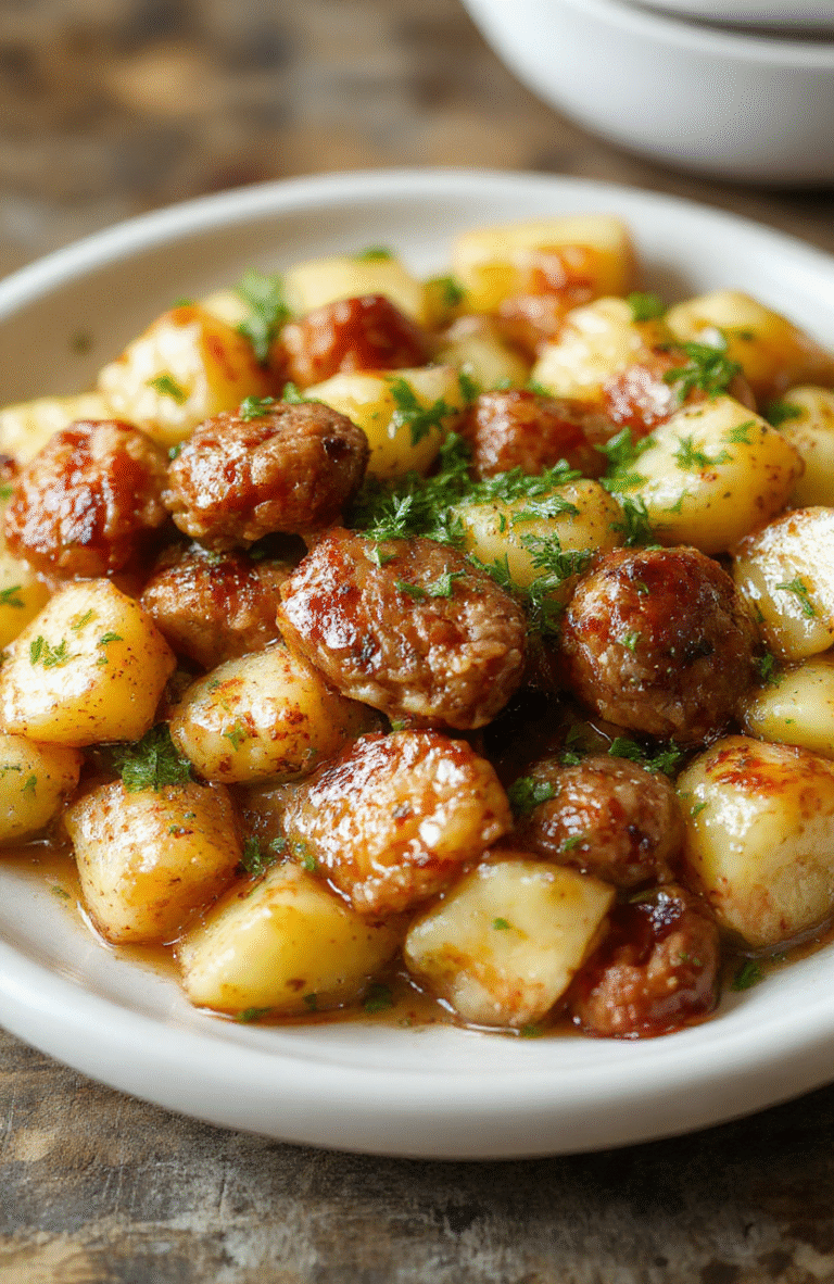 A warm, inviting casserole dish featuring sliced sausage, golden roasted potatoes, and melted cheese, garnished with fresh herbs on a rustic wooden table.
