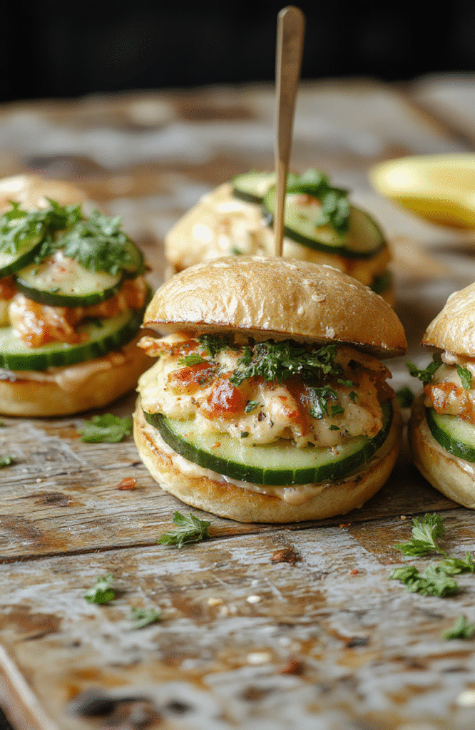 A vibrant plate of cucumber sandwiches with thinly sliced crisp cucumbers layered between toasted bread, garnished with fresh herbs and a dollop of creamy spread, styled elegantly on a white platter with a bright, summery background, showcasing fresh ingredients and inviting textures.