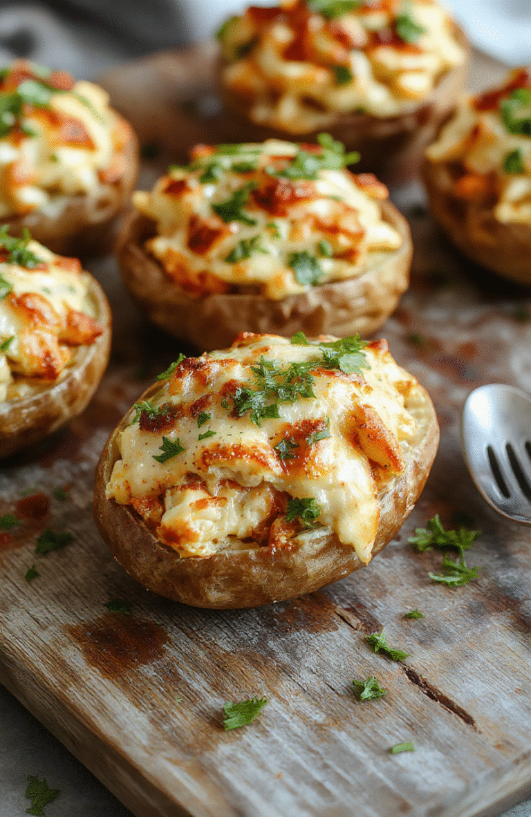 A visually appealing plate featuring golden-baked potatoes sliced open and generously filled with creamy crack chicken topping, sprinkled with shredded cheese and chopped green onions. The dish is styled on a rustic wooden board with a background of fresh ingredients like chicken, cheese, and herbs, creating a warm and inviting scene with vibrant colors and appetizing textures.