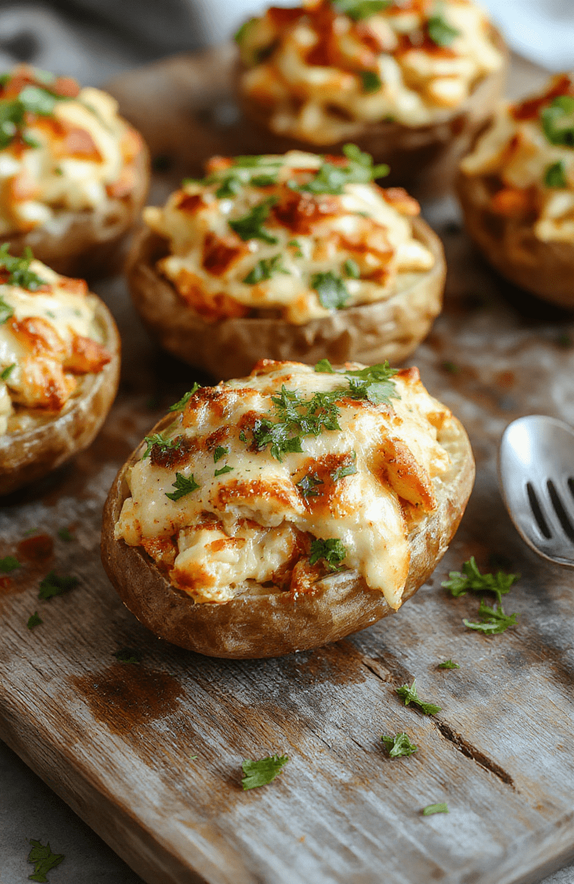 A visually appealing plate featuring golden-baked potatoes sliced open and generously filled with creamy crack chicken topping, sprinkled with shredded cheese and chopped green onions. The dish is styled on a rustic wooden board with a background of fresh ingredients like chicken, cheese, and herbs, creating a warm and inviting scene with vibrant colors and appetizing textures.