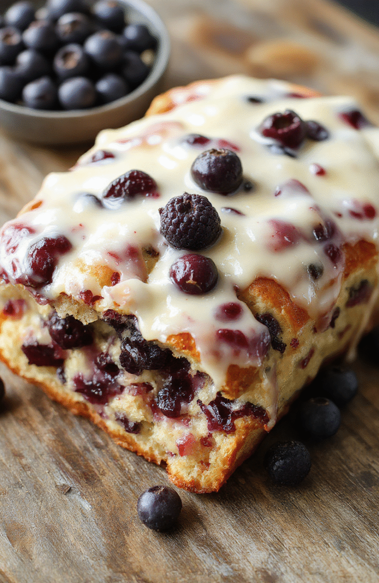 A close-up of a sliced blueberry cream cheese bread on a rustic wooden board, showcasing its golden crust, swirls of blueberry filling, and creamy topping, with fresh blueberries scattered around for garnish, styled simply with a neutral background.