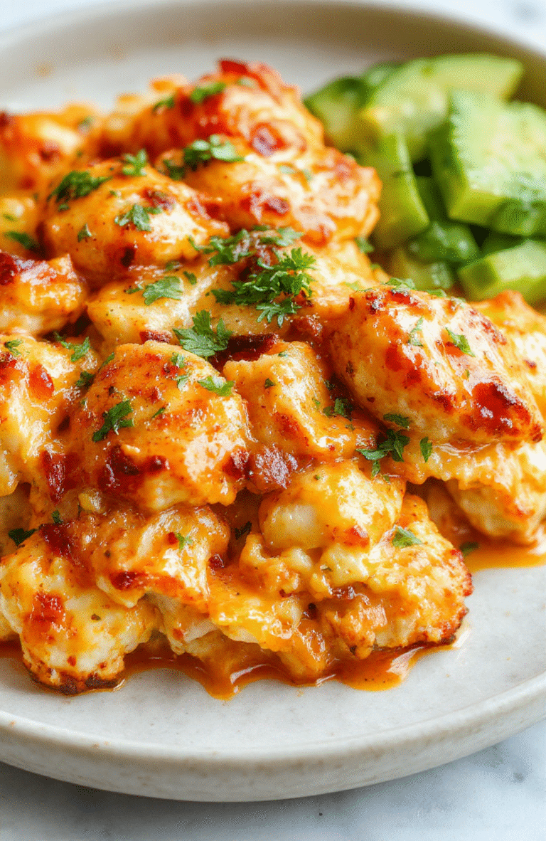 A vibrant cauliflower casserole topped with golden melted cheese, chunks of spicy buffalo chicken, and fresh green herbs, served on a rustic white plate against a neutral background with a slight blur for depth.