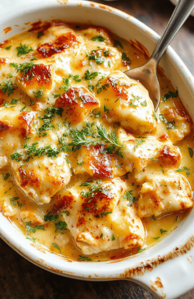 A creamy chicken casserole served in a rustic white dish, topped with melted cheese and fresh herbs. The casserole is golden brown around the edges, with tender shredded chicken visible beneath a luscious, cheesy sauce. The dish is arranged on a wooden table with a colorful background, styled simply to highlight its comforting, cheesy texture and inviting appearance.