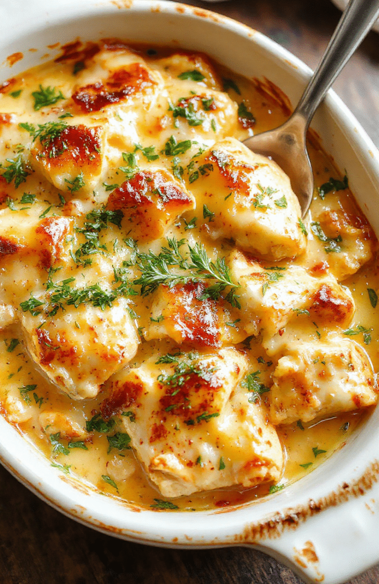 A creamy chicken casserole served in a rustic white dish, topped with melted cheese and fresh herbs. The casserole is golden brown around the edges, with tender shredded chicken visible beneath a luscious, cheesy sauce. The dish is arranged on a wooden table with a colorful background, styled simply to highlight its comforting, cheesy texture and inviting appearance.