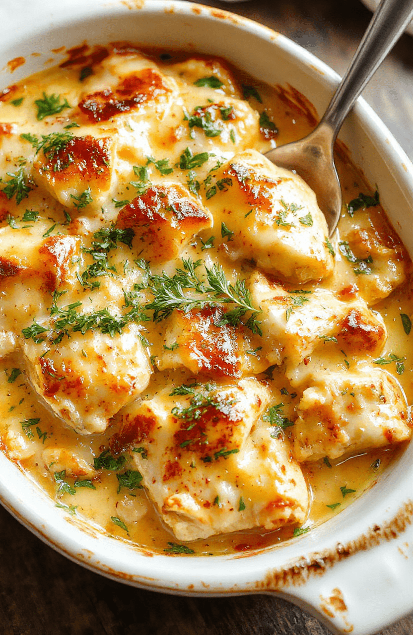 A creamy chicken casserole served in a rustic white dish, topped with melted cheese and fresh herbs. The casserole is golden brown around the edges, with tender shredded chicken visible beneath a luscious, cheesy sauce. The dish is arranged on a wooden table with a colorful background, styled simply to highlight its comforting, cheesy texture and inviting appearance.