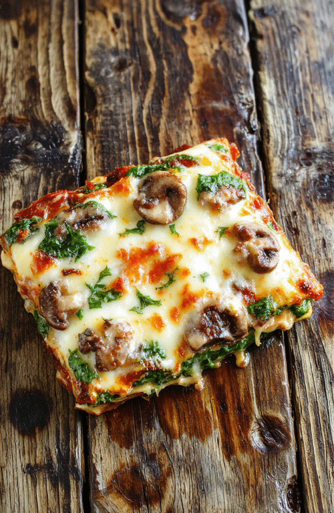 A vibrant plate of mushroom and spinach lasagna showcasing layered pasta, melted cheese, sautéed mushrooms, and fresh spinach, beautifully garnished with basil on a rustic wooden table, with a cheesy, creamy texture and colorful ingredients.