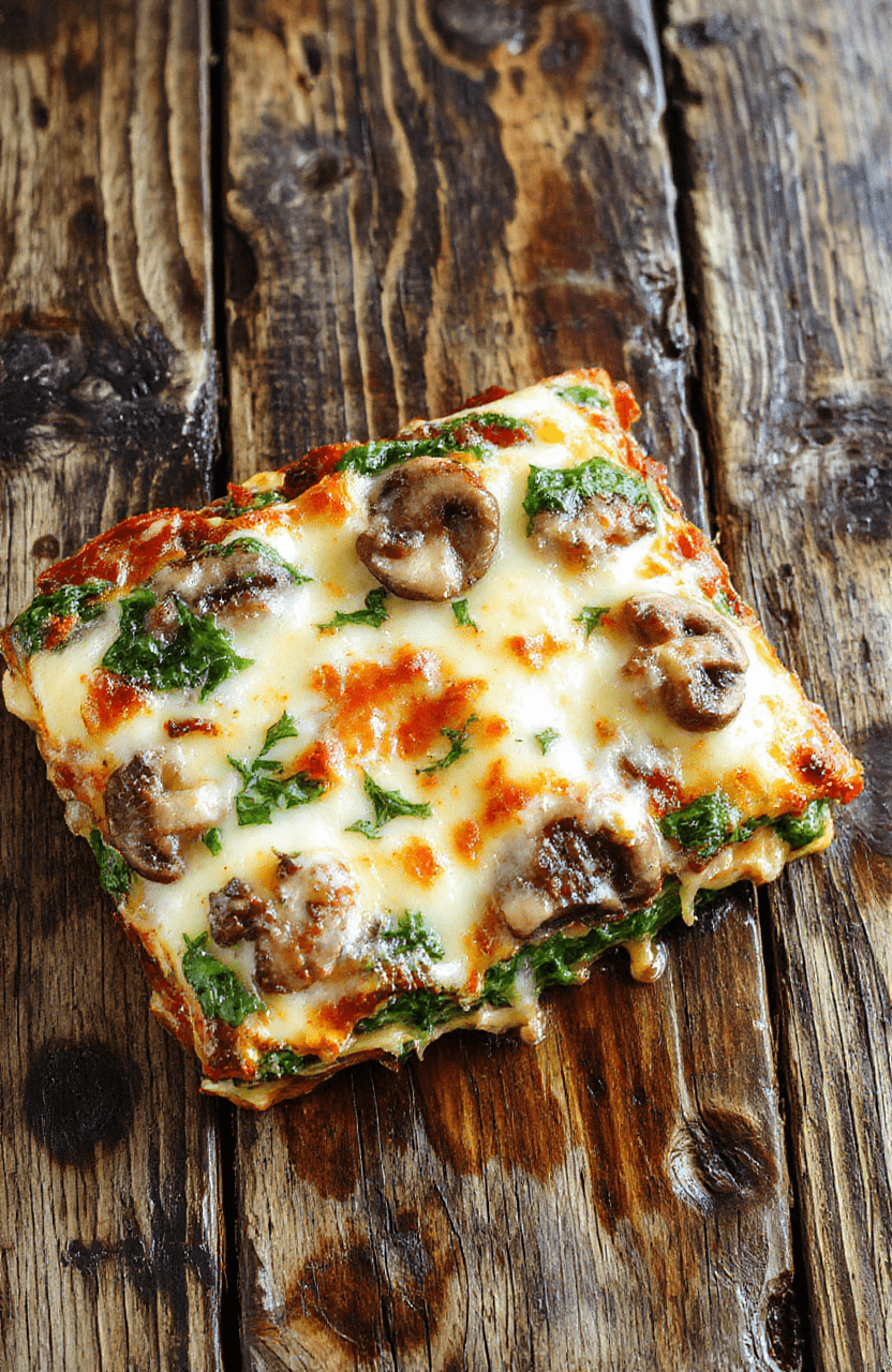 A vibrant plate of mushroom and spinach lasagna showcasing layered pasta, melted cheese, sautéed mushrooms, and fresh spinach, beautifully garnished with basil on a rustic wooden table, with a cheesy, creamy texture and colorful ingredients.