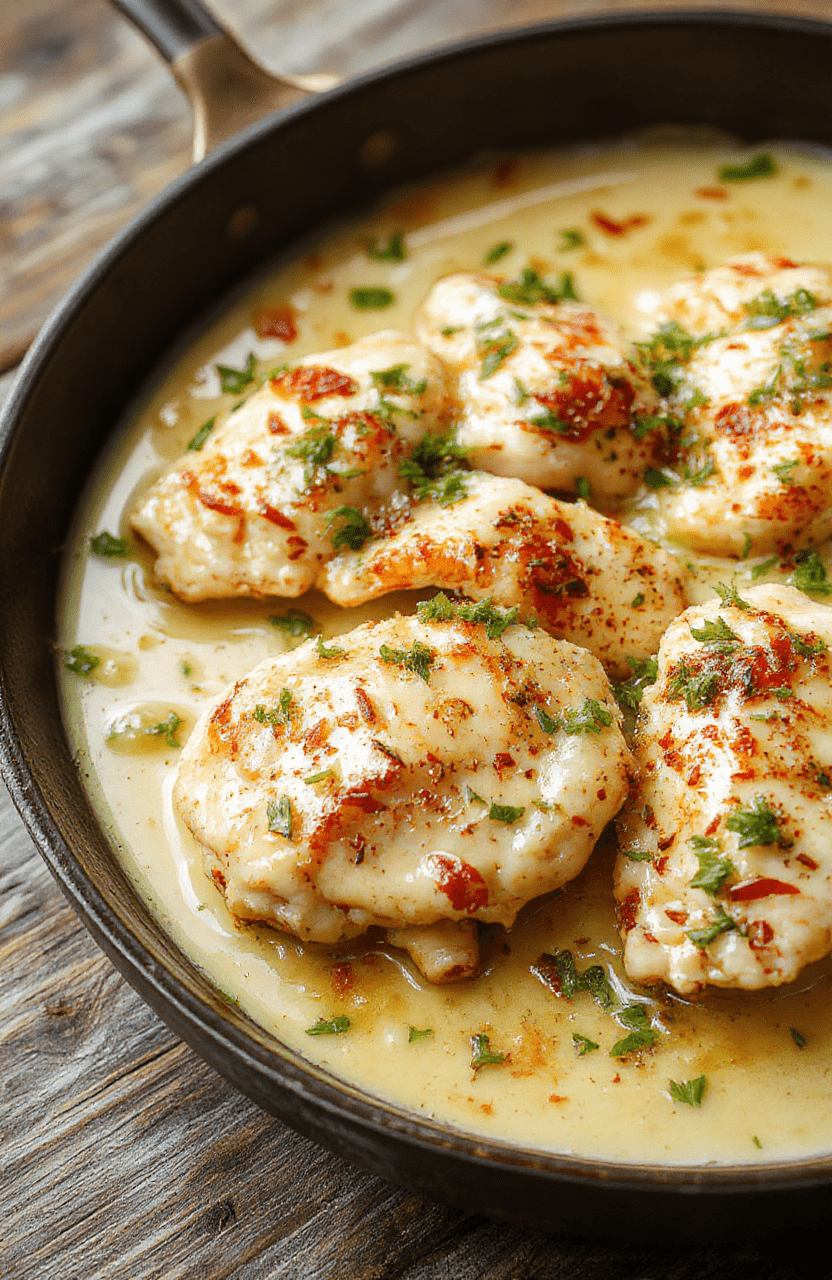 A vibrant plate featuring tender chicken breasts coated in a rich, creamy sauce with slices of bright green pepperoncini peppers, garnished with fresh herbs, served on a rustic wooden table with a garnish of extra sauce drizzled artistically around the plate.