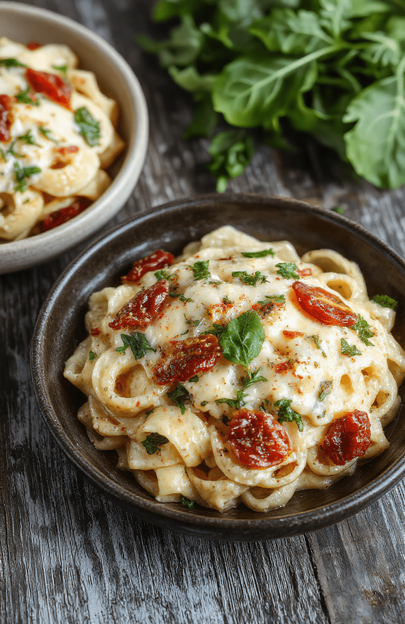 A close-up of a vibrant plate of creamy sun-dried tomato spaghetti garnished with fresh spinach and a sprinkle of grated Parmesan cheese, with a colorful backdrop of cherry tomatoes and basil leaves, showcasing the rich textures and fresh ingredients arranged attractively.