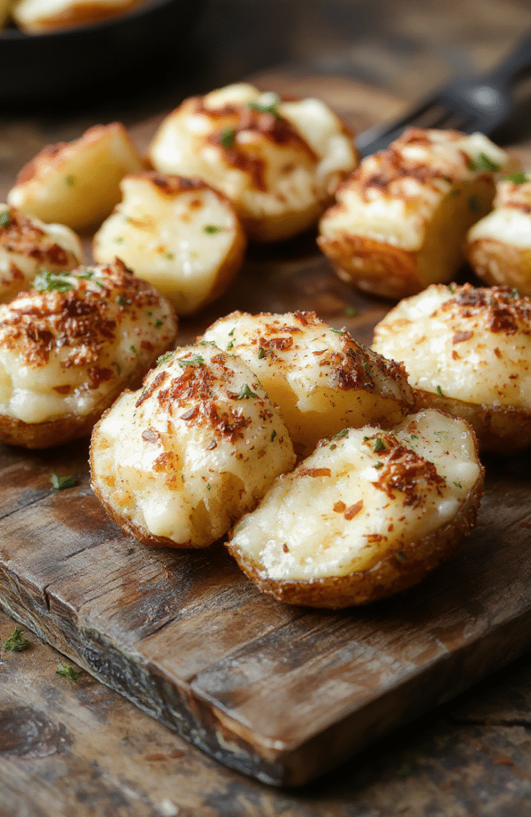 A golden-brown, crispy-skinned baked potato cut open to reveal fluffy, creamy interior, placed on a rustic wooden surface, with subtle herbs sprinkled on top, styled simply with a natural, inviting look.
