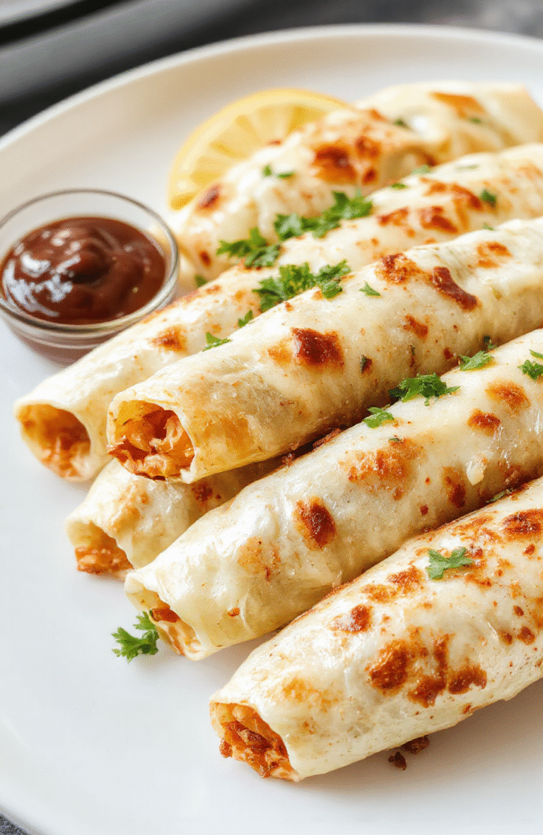 Golden-brown crispy chicken taquitos arranged on a white plate, with visible flaky tortillas and seasoned shredded chicken filling, garnished with fresh cilantro and a side of lime wedges, styled for a casual home dinner setting.