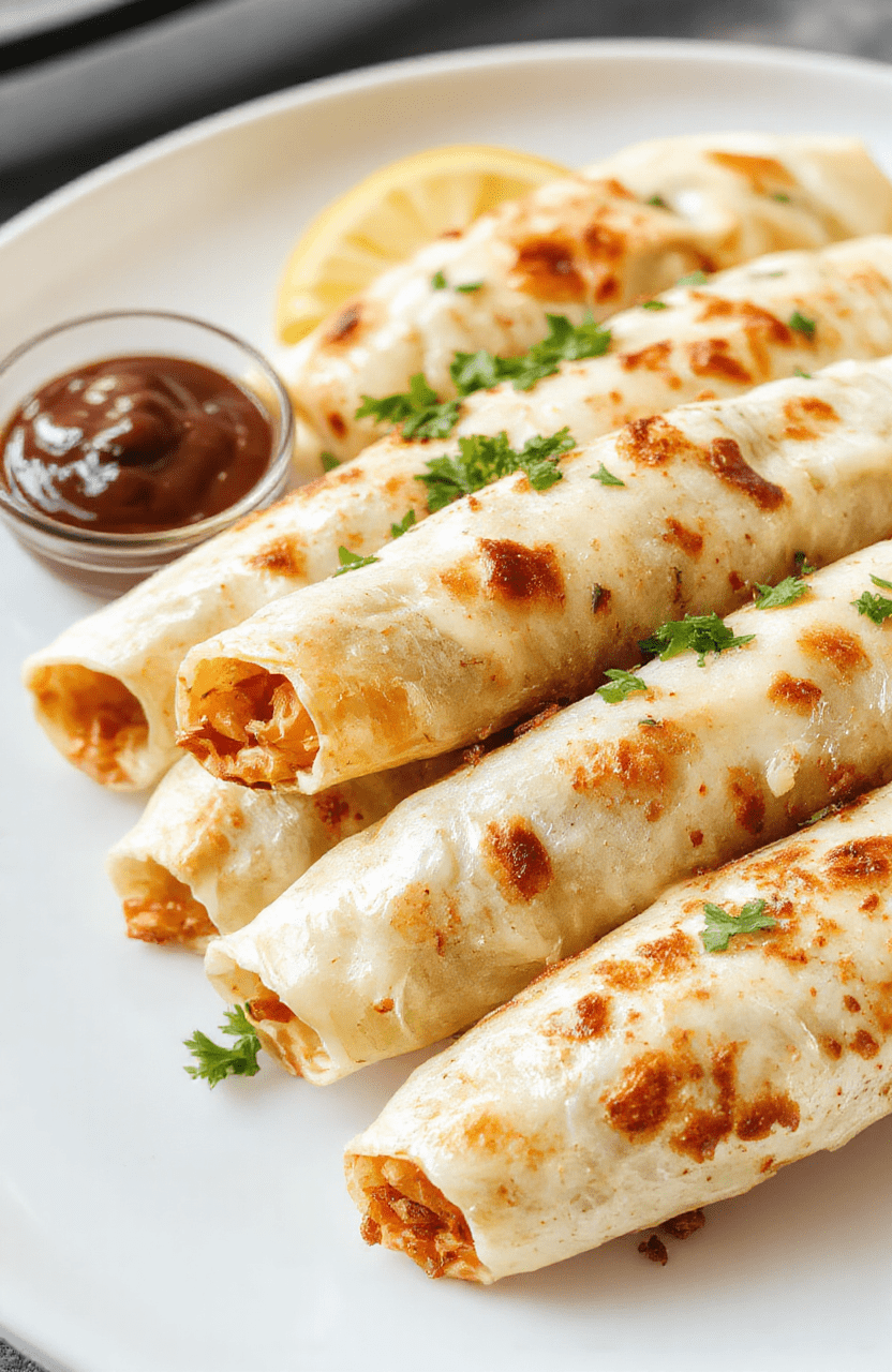 Golden-brown crispy chicken taquitos arranged on a white plate, with visible flaky tortillas and seasoned shredded chicken filling, garnished with fresh cilantro and a side of lime wedges, styled for a casual home dinner setting.
