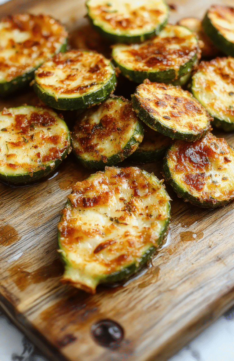 Golden-brown crispy baked zucchini slices topped with melted parmesan cheese on a white ceramic plate, garnished with fresh herbs, with a rustic wooden background and natural daylight emphasizing textures and vibrant colors.