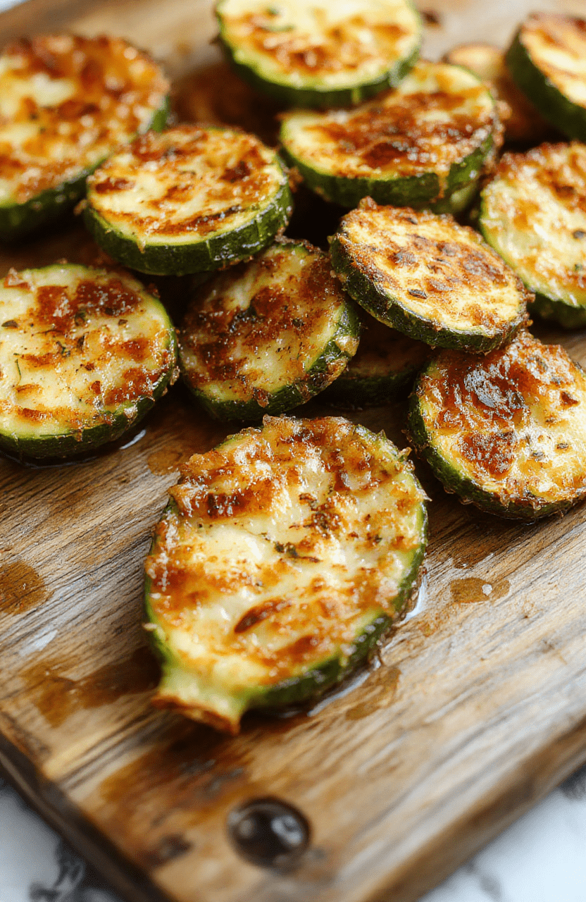 Golden-brown crispy baked zucchini slices topped with melted parmesan cheese on a white ceramic plate, garnished with fresh herbs, with a rustic wooden background and natural daylight emphasizing textures and vibrant colors.