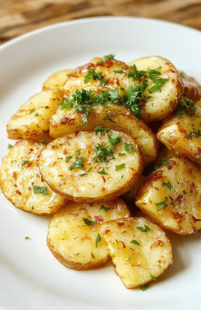 Golden-brown crispy baked potato slices arranged neatly on a white plate, sprinkled with fresh herbs, with a textured wooden background, capturing the crispy texture and appealing golden color of the potatoes.
