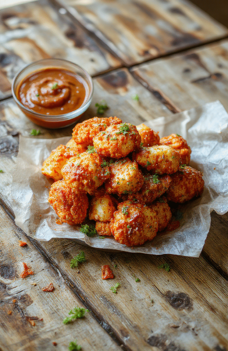 A vibrant plate of crispy buffalo cauliflower bites arranged neatly on a white ceramic plate, with a side of creamy ranch dipping sauce. The cauliflower florets are coated in a golden, crunchy breading with a spicy red buffalo sauce drizzle, surrounded by fresh parsley garnish. The background is a rustic wooden table with natural light highlighting the textures and colors, emphasizing the crispiness and bold flavors of the dish.