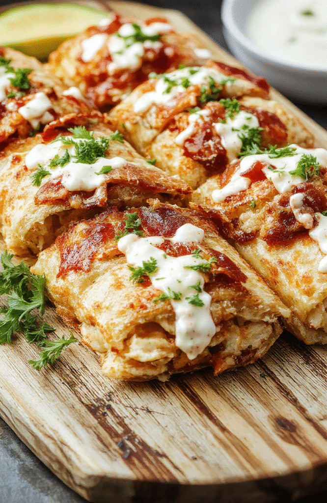 A vibrant plate of crispy chicken bacon ranch wraps, sliced open to reveal juicy chicken, crispy bacon, fresh lettuce, and creamy ranch sauce, all wrapped in a golden-brown tortilla. The wraps are neatly arranged on a rustic wooden platter, with colorful ingredients and textures highlighted under natural light.