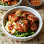 A vibrant bowl featuring crispy golden-brown breaded pork cutlet sliced into strips, atop steamed white rice, drizzled with rich homemade tonkatsu sauce, garnished with thinly sliced green onions and shredded cabbage, all arranged on a clean white plate with a backdrop of a rustic wooden table.