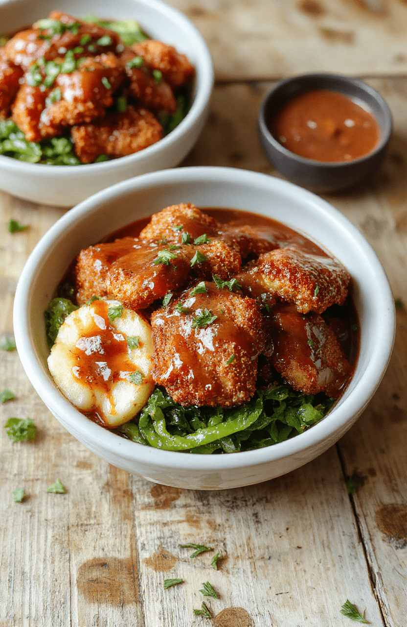 A vibrant bowl featuring crispy golden-brown breaded pork cutlet sliced into strips, atop steamed white rice, drizzled with rich homemade tonkatsu sauce, garnished with thinly sliced green onions and shredded cabbage, all arranged on a clean white plate with a backdrop of a rustic wooden table.