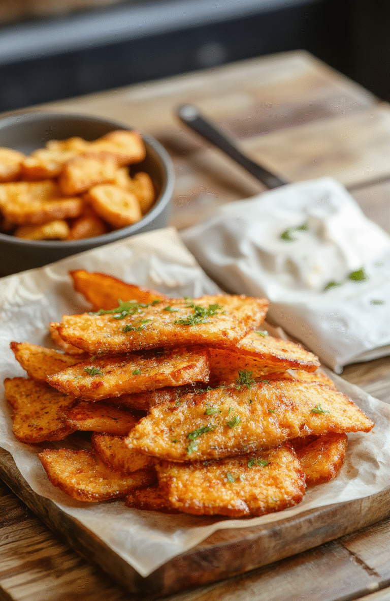 A vibrant plate of golden crispy oven baked sweet potato fries arranged neatly on a rustic wooden surface. The fries have a crunchy exterior with a tender inside, showcasing a rich orange color. Light seasoning and a sprinkle of herbs are visible, styled simply with minimal garnishes. The background has soft, warm tones emphasizing the inviting, homemade nature of the dish.