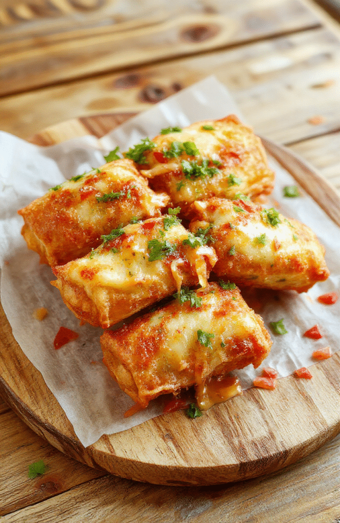 Colorful crispy Southwest egg rolls plated on a rustic wooden board, filled with vibrant corn, black beans, and melted cheese, crispy golden exterior with a slight sheen, garnished with fresh cilantro and served with salsa and sour cream, styled simply to highlight texture and ingredients.