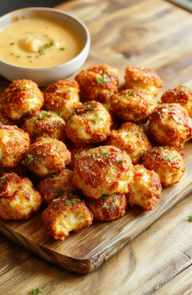 A vibrant plate of crispy cauliflower wings coated in sesame seeds, golden brown and garnished with fresh green herbs, presented on a rustic wooden board with a side dipping sauce, textured and appetizing.