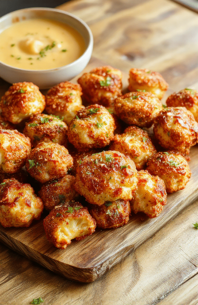 A vibrant plate of crispy cauliflower wings coated in sesame seeds, golden brown and garnished with fresh green herbs, presented on a rustic wooden board with a side dipping sauce, textured and appetizing.