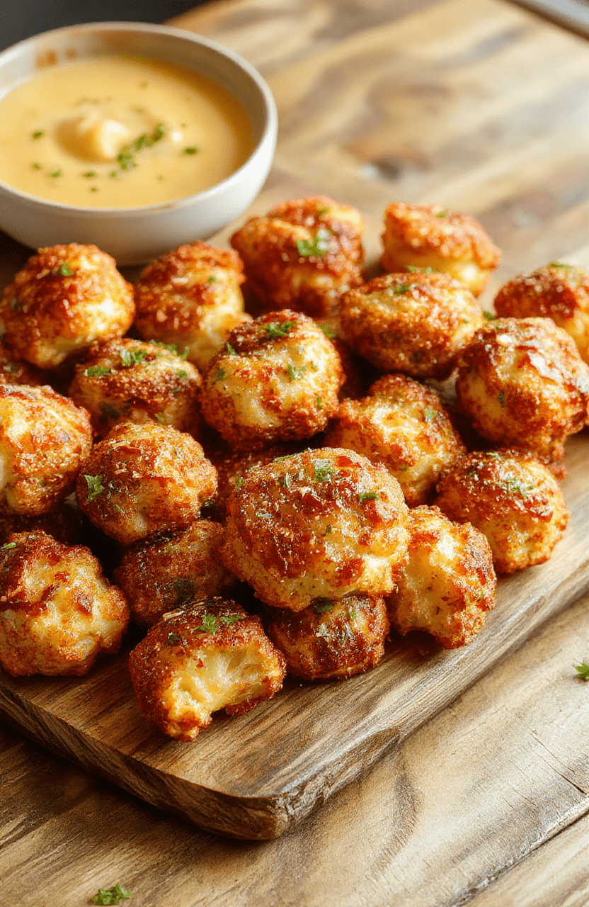 A vibrant plate of crispy cauliflower wings coated in sesame seeds, golden brown and garnished with fresh green herbs, presented on a rustic wooden board with a side dipping sauce, textured and appetizing.