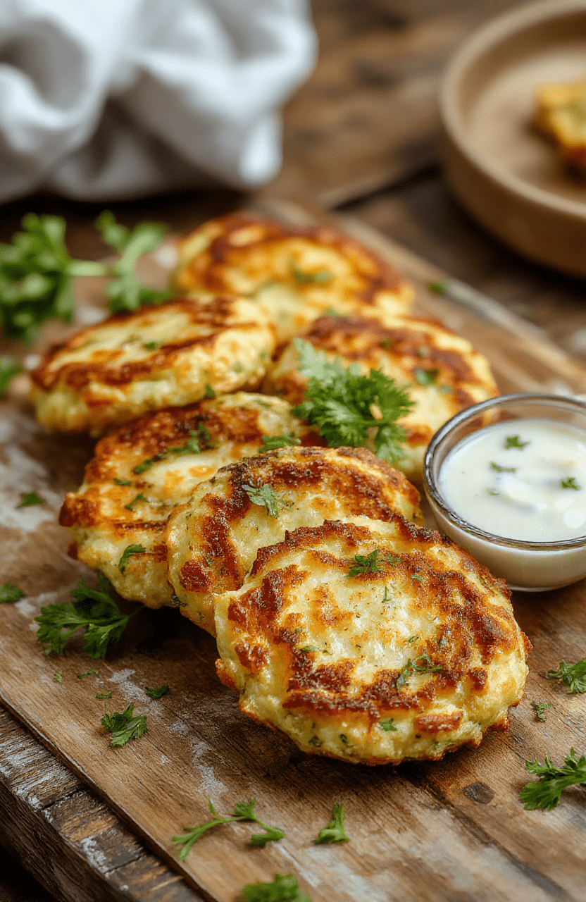 Golden brown crispy zucchini fritters stacked on a white plate, garnished with fresh herbs. The fritters have a textured, crunchy exterior with visible zucchini shreds inside, served alongside a small bowl of yogurt dipping sauce and colorful cherry tomatoes. The vibrant green zucchini contrasts beautifully with the crispy coating, styled on a rustic wooden table with a neutral background.