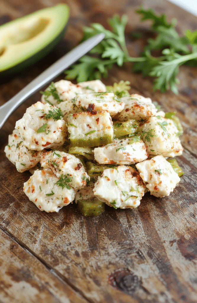 A vibrant plate of crunchy dill pickle chicken salad featuring shredded chicken, chopped dill pickles, fresh herbs, and a creamy dressing, garnished with additional pickle slices and herbs, styled casually on a rustic wooden table with colorful napkins and a fork.