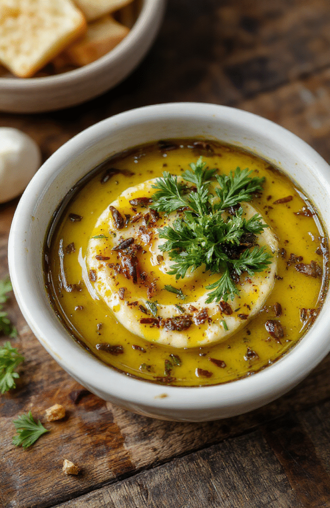 A rustic white bowl filled with vibrant golden garlic-infused olive oil, garnished with fresh chopped parsley and crushed red pepper flakes, presented on a wooden table with a crusty baguette and fresh herbs around for garnish, textured and inviting.