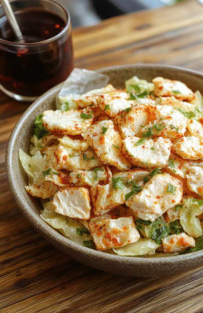 Vibrant chicken salad in a large white bowl, featuring colorful chopped vegetables, shredded chicken, and a creamy dressing. The salad is garnished with fresh herbs, presented on a rustic wooden table with a neutral background, showcasing textures of crunchy vegetables and tender chicken.