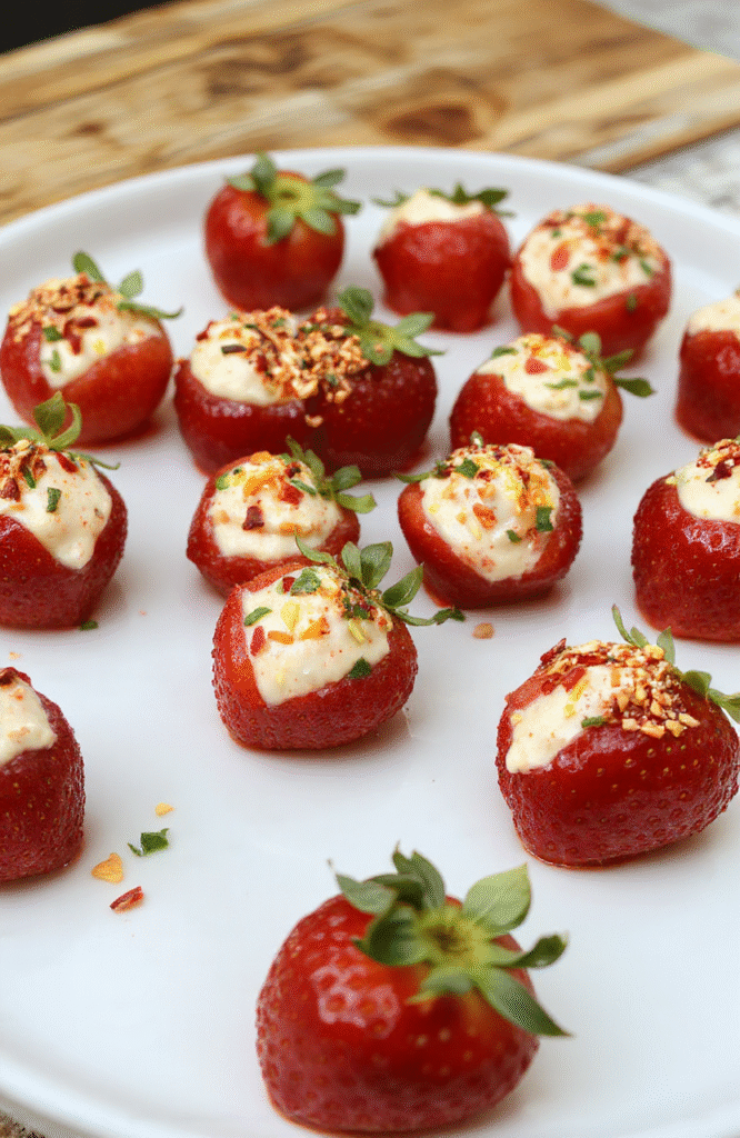Bright red strawberries halved and filled with creamy deviled filling, garnished with sprinkles and herbs on a white platter. Vibrant colors, appealing textures, crisp strawberries contrasted with smooth filling, styled simply for an inviting presentation.