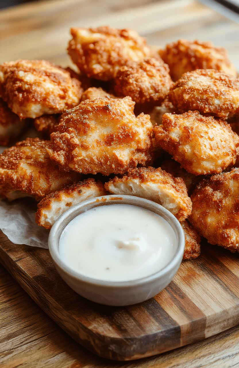 A plate of golden brown crack chicken tenders with crispy coating neatly arranged on a rustic wooden platter, garnished with fresh herbs and served alongside a small bowl of dipping sauce, with a blurred background showcasing a cozy kitchen setting and natural light highlighting the tender texture.