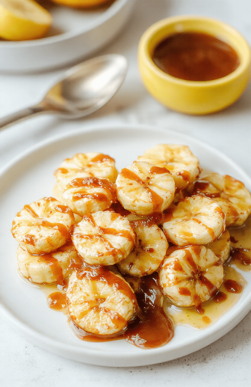 A close-up shot of caramelized bananas arranged on a white plate, featuring golden brown, glossy surfaces with caramel drizzle, set against a neutral background with a subtle wooden surface, styled with a few scattered banana slices for texture, captured in natural daylight emphasizing the shiny caramel coating and soft textures.