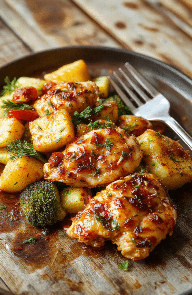 Colorful air fryer chicken breast and vibrant vegetables on a clean white plate, crispy textures visible, garnished with fresh herbs, styled simply for an appetizing look.