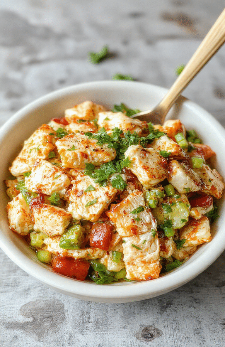 A vibrant Asian chicken crunch salad featuring shredded chicken, colorful crisp vegetables like cabbage, carrots, and bell peppers, topped with crunchy almond slices and sesame seeds, presented on a white plate with a light dressing drizzled over the top, styled simply with fresh herbs and the salad's textures clearly visible.