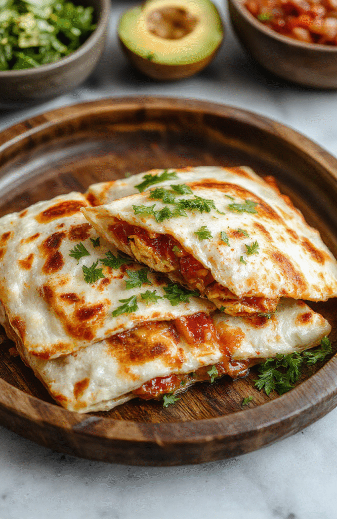 A golden-brown BBQ chicken quesadilla sliced open to reveal melted cheese, shredded BBQ chicken, and vibrant vegetables on a rustic wooden plate, with crispy edges and gooey interior, styled simply with fresh cilantro and a side of salsa
