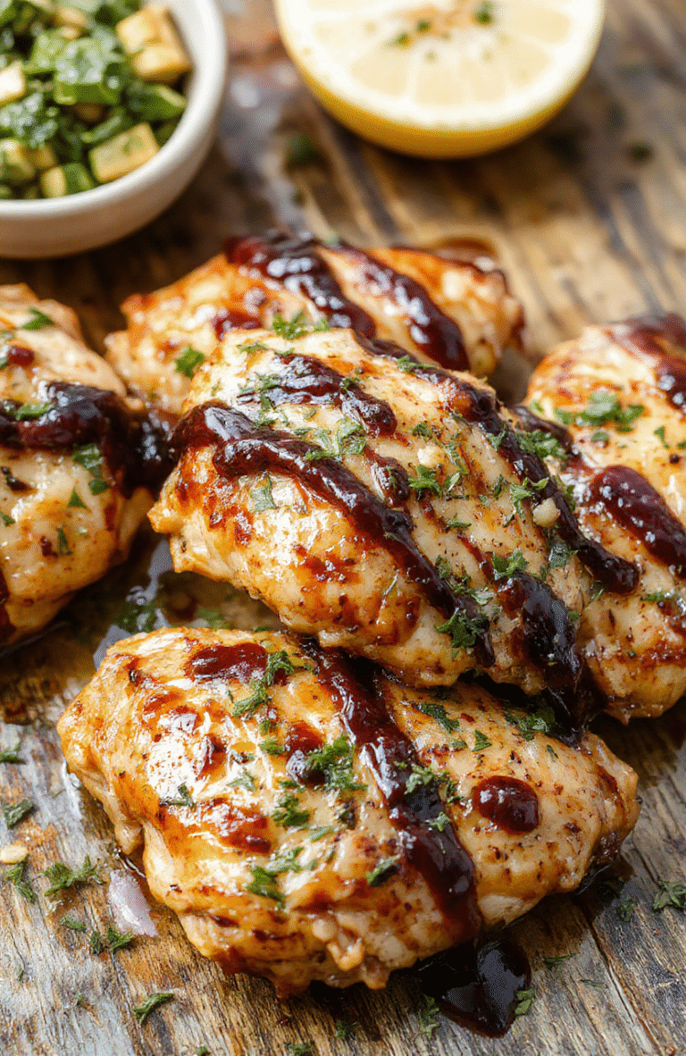 A glossy, caramelized balsamic chicken breast glazed with a rich, dark sauce, plated on a rustic white dish, garnished with fresh herbs, with vibrant greens and cherry tomatoes in the background, emphasizing textures of tender meat and crunchy herbs, styled simply for a home-cooked look.
