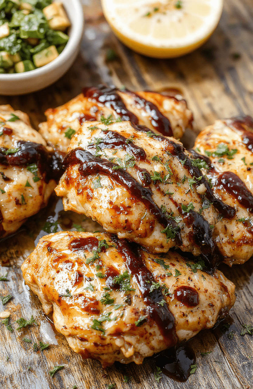 A glossy, caramelized balsamic chicken breast glazed with a rich, dark sauce, plated on a rustic white dish, garnished with fresh herbs, with vibrant greens and cherry tomatoes in the background, emphasizing textures of tender meat and crunchy herbs, styled simply for a home-cooked look.