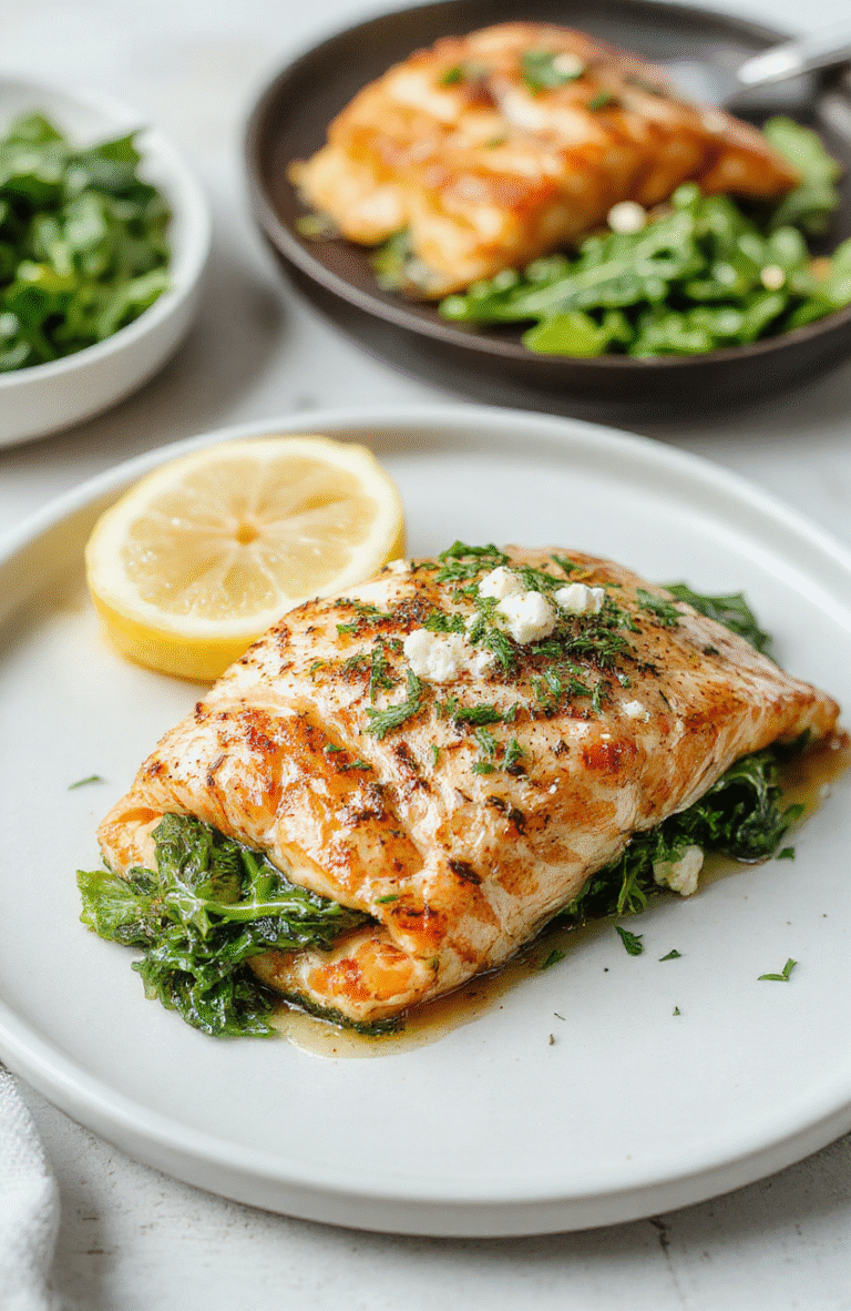 A visually appealing plate of baked stuffed salmon featuring a flaky pink fillet topped with vibrant green spinach and crumbly white feta cheese, garnished with lemon wedges and fresh herbs, presented on a rustic white plate with a light wooden table backdrop, highlighting the textures of the tender fish and colorful ingredients.