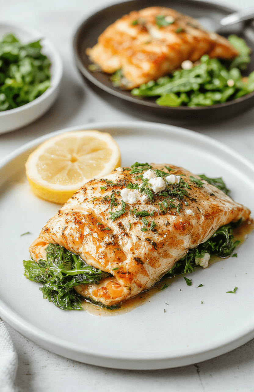 A visually appealing plate of baked stuffed salmon featuring a flaky pink fillet topped with vibrant green spinach and crumbly white feta cheese, garnished with lemon wedges and fresh herbs, presented on a rustic white plate with a light wooden table backdrop, highlighting the textures of the tender fish and colorful ingredients.