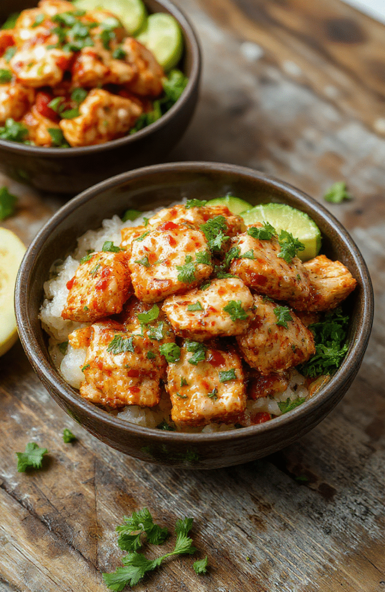 Colorful Bang Bang Chicken Bowls plated on a rustic wooden surface, featuring crispy chicken pieces coated in a creamy spicy sauce, topped with fresh green herbs and sliced scallions, with a side of jasmine rice and vibrant vegetables. The dish showcases a perfect balance of textures with a glossy sauce and crisp chicken, styled simply for an inviting look.