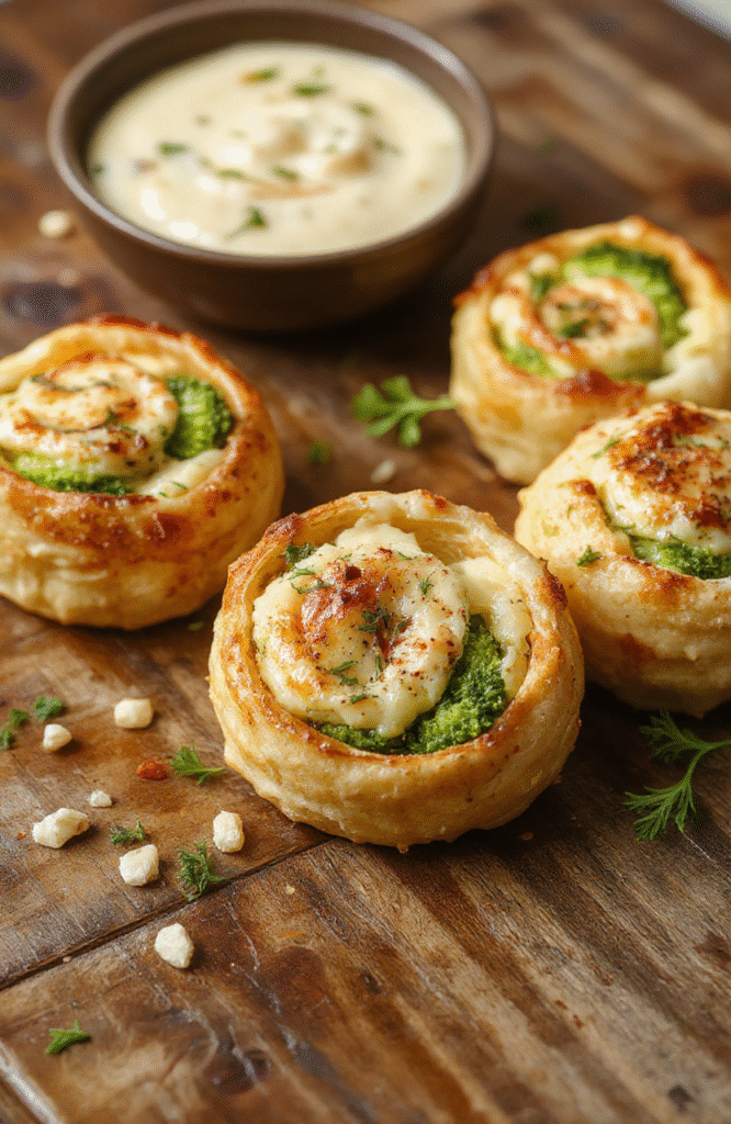 Colorful broccoli cheese pinwheels arranged on a white plate, showcasing golden-brown crust with vibrant green broccoli and melted cheesy filling, styled simply for an inviting and homemade look.
