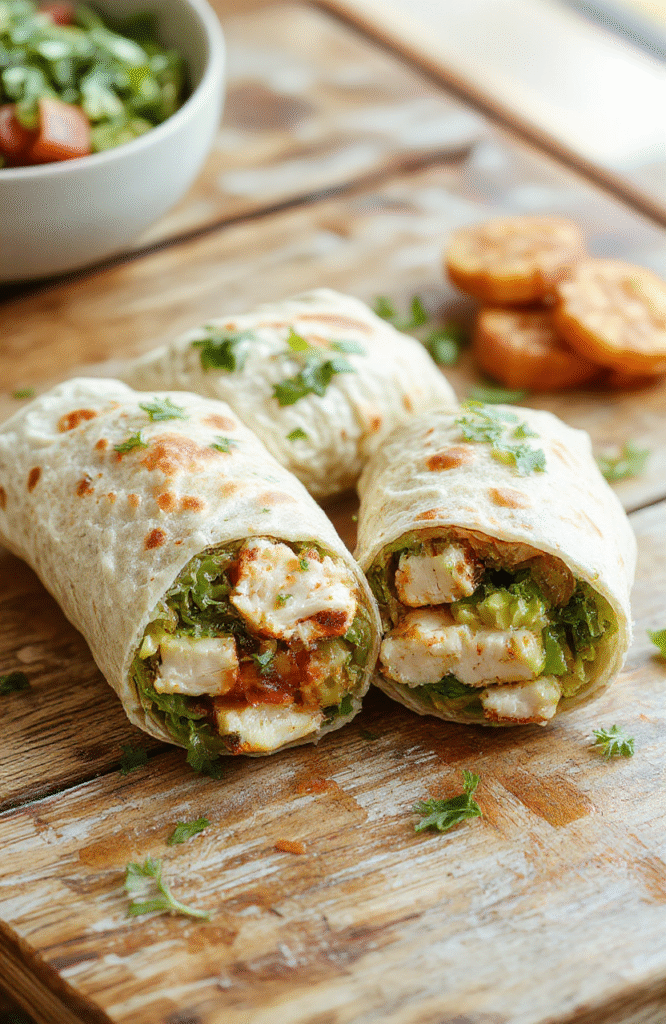 A vibrant chicken avocado wrap sliced diagonally to showcase fresh green avocado, juicy grilled chicken, and colorful vegetables wrapped in a soft tortilla, styled on a rustic wooden plate with natural daylight highlighting the textures and ingredients.